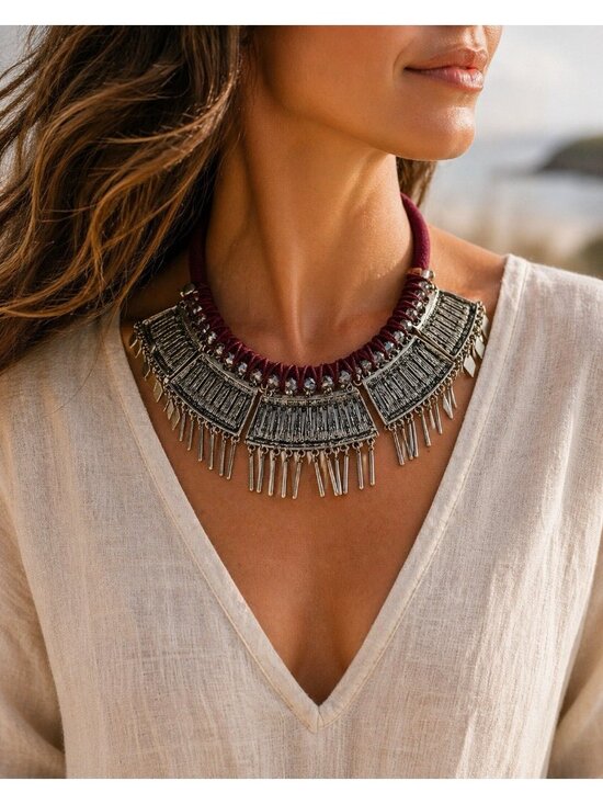 Unbranded Jewelry - Tribal Statement Bib Necklace Maroon Cord Silver Tone Fringe Metal Etched Boho